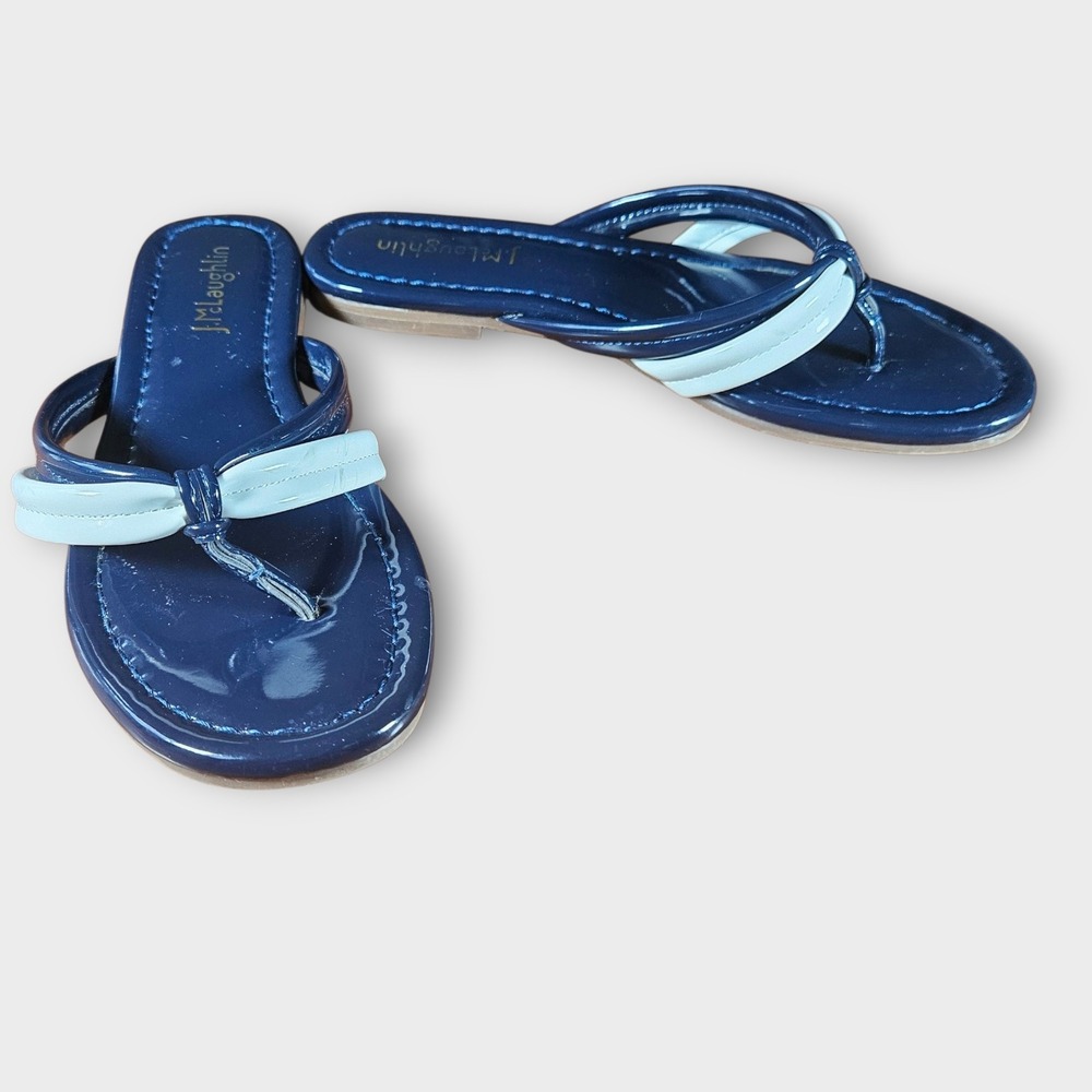 J McLaughlin Caitlin Navy‎ Blue Patent Bow Flip Flops Sandals Women's Size 6M